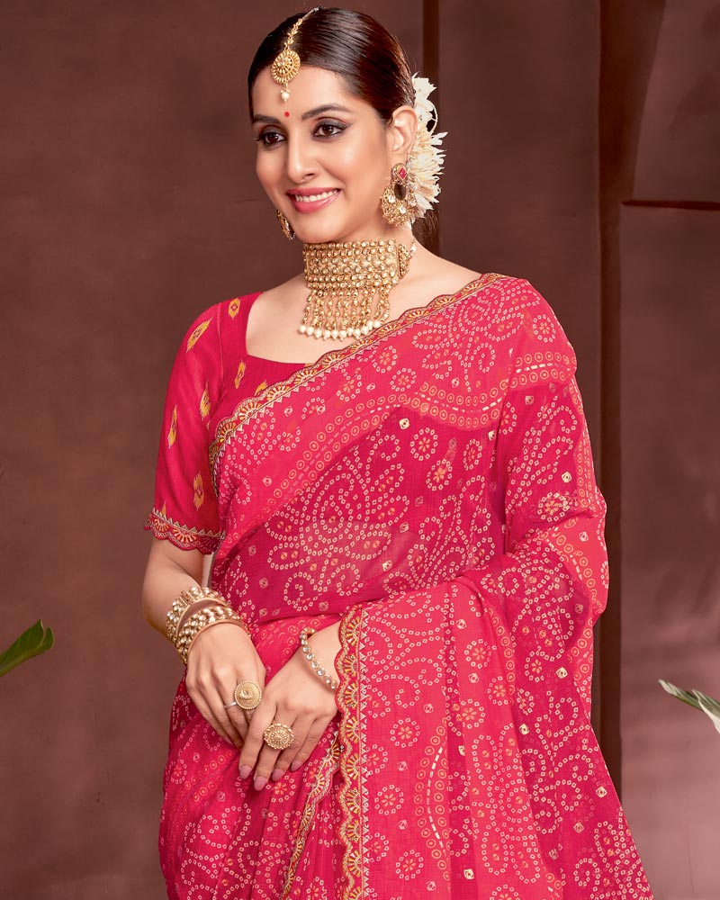 Vishal Prints Amaranth Pink Printed Fancy Chiffon Traditional Print Saree With Foil Print And Cut Work Border