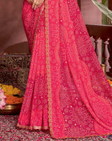 Vishal Prints Amaranth Pink Printed Fancy Chiffon Traditional Print Saree With Foil Print And Cut Work Border
