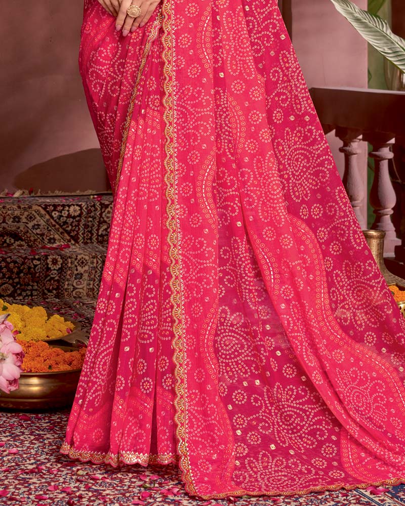 Vishal Prints Amaranth Pink Printed Fancy Chiffon Traditional Print Saree With Foil Print And Cut Work Border