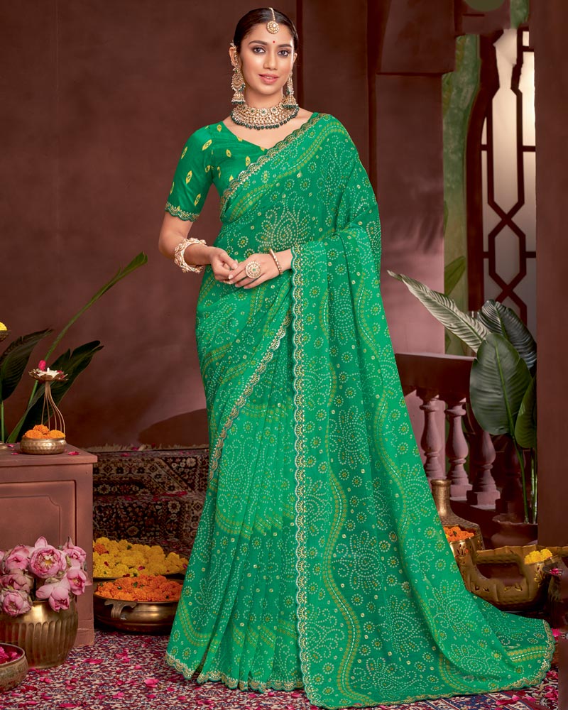 Vishal Prints Jade Green Printed Fancy Chiffon Traditional Print Saree With Foil Print And Cut Work Border