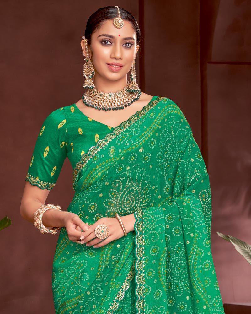 Vishal Prints Jade Green Printed Fancy Chiffon Traditional Print Saree With Foil Print And Cut Work Border