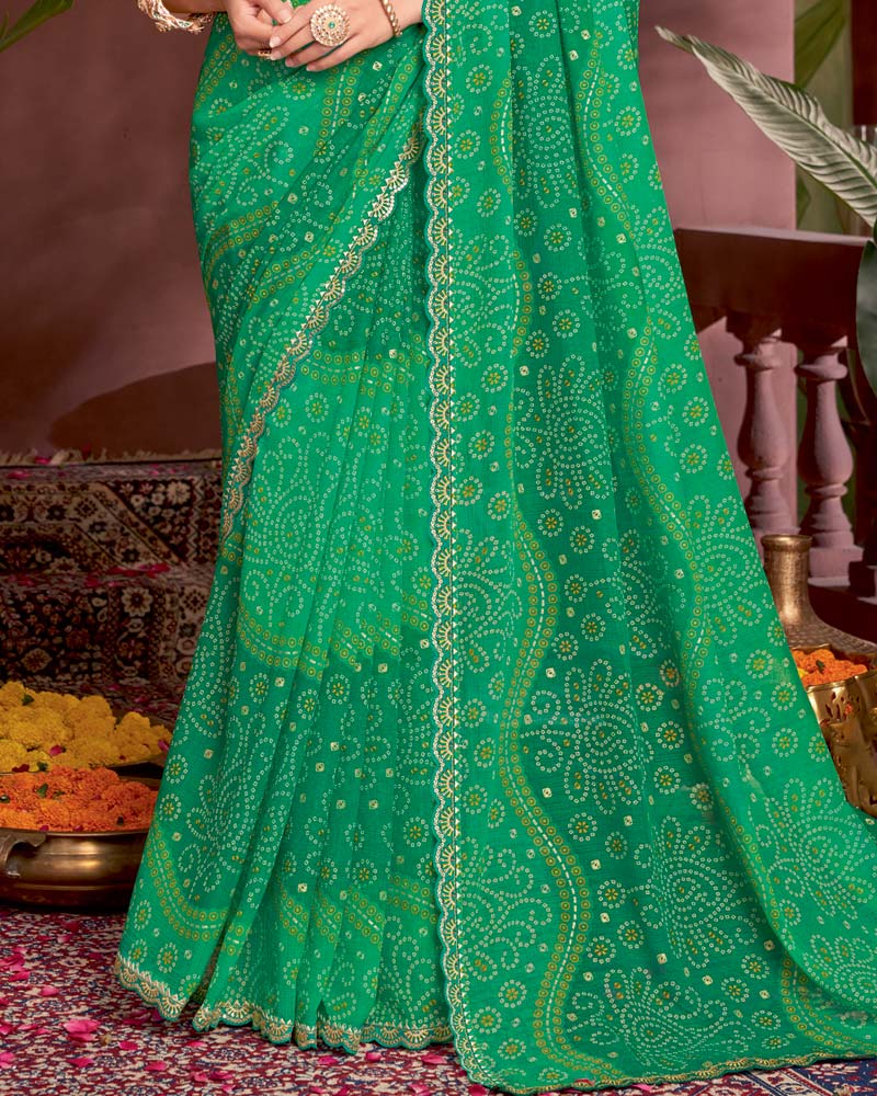 Vishal Prints Jade Green Printed Fancy Chiffon Traditional Print Saree With Foil Print And Cut Work Border