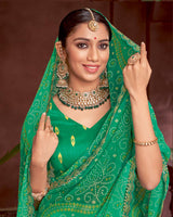 Vishal Prints Jade Green Printed Fancy Chiffon Traditional Print Saree With Foil Print And Cut Work Border