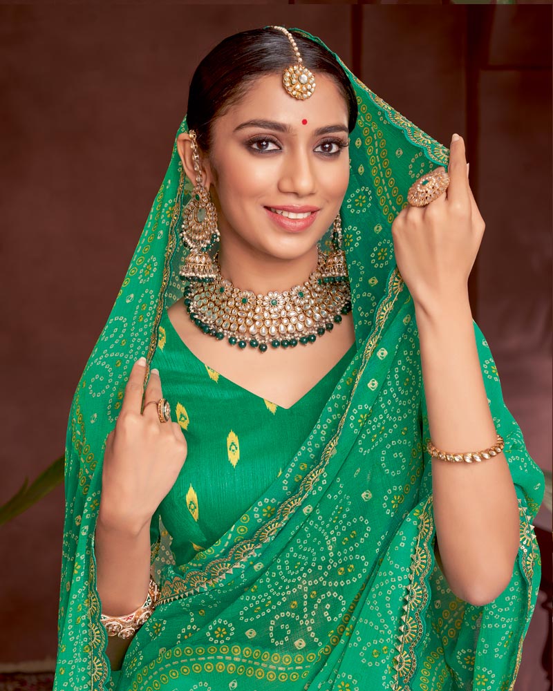 Vishal Prints Jade Green Printed Fancy Chiffon Traditional Print Saree With Foil Print And Cut Work Border