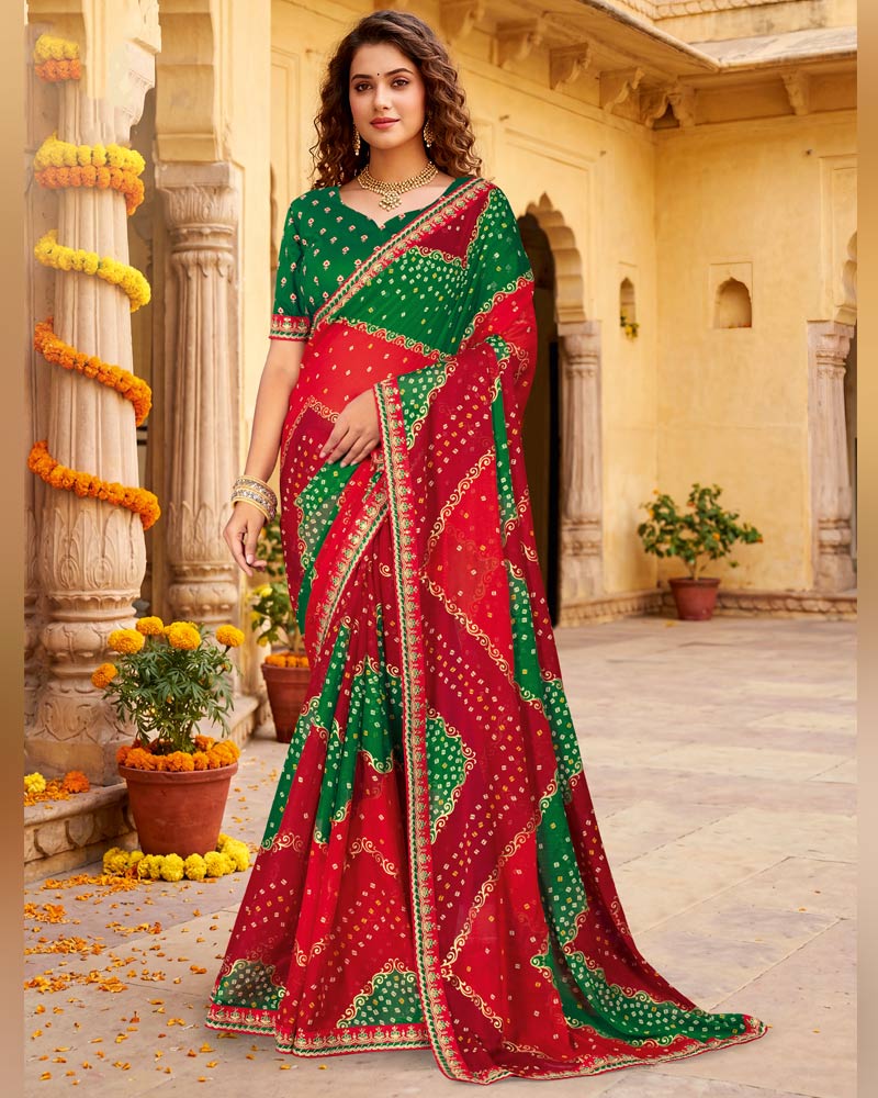 Vishal Prints Red Printed Chiffon Traditional Saree With Foil Print And Fancy Embroidery Border