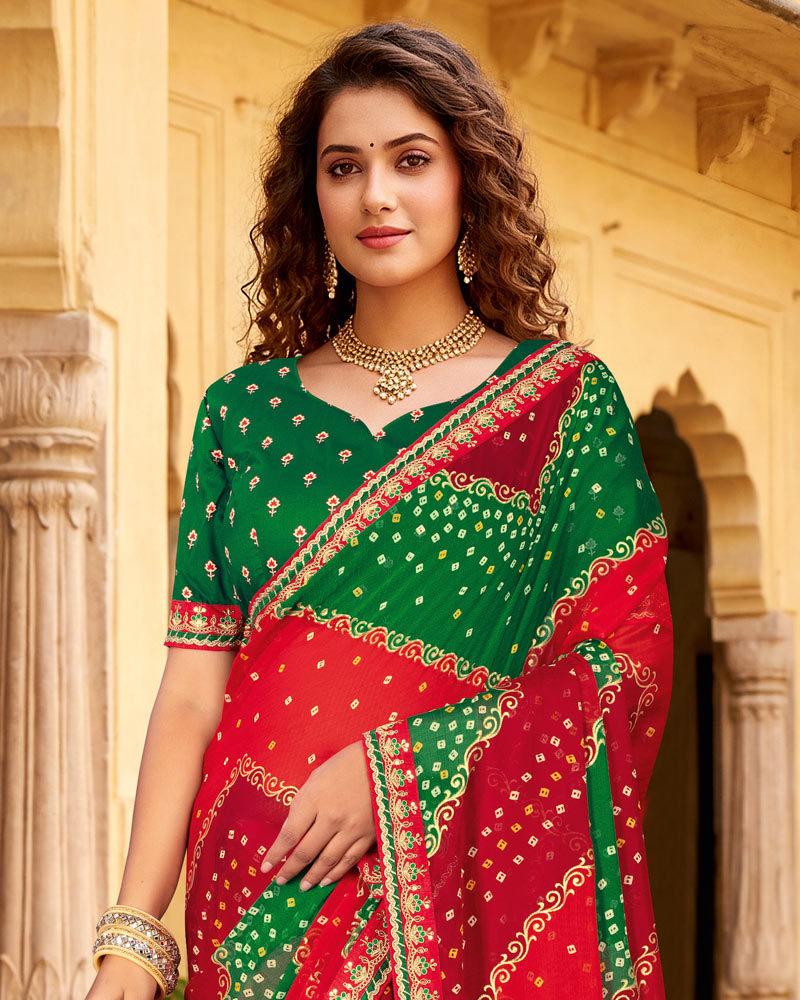 Vishal Prints Red Printed Chiffon Traditional Saree With Foil Print And Fancy Embroidery Border