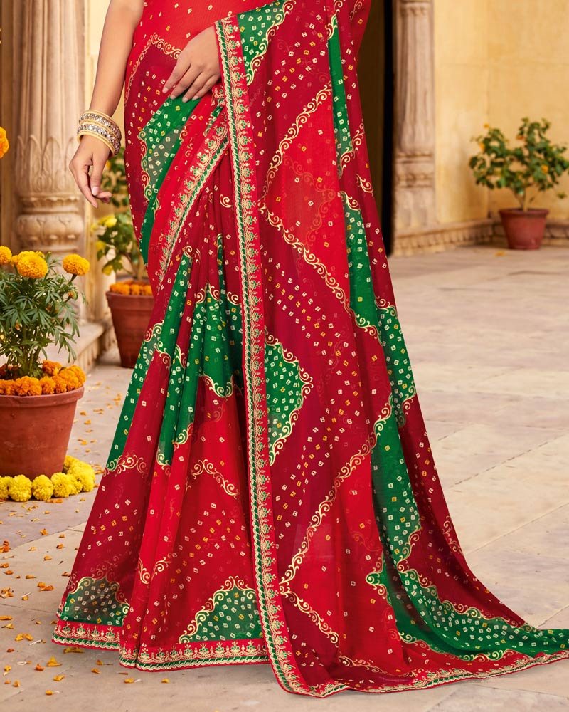 Vishal Prints Red Printed Chiffon Traditional Saree With Foil Print And Fancy Embroidery Border