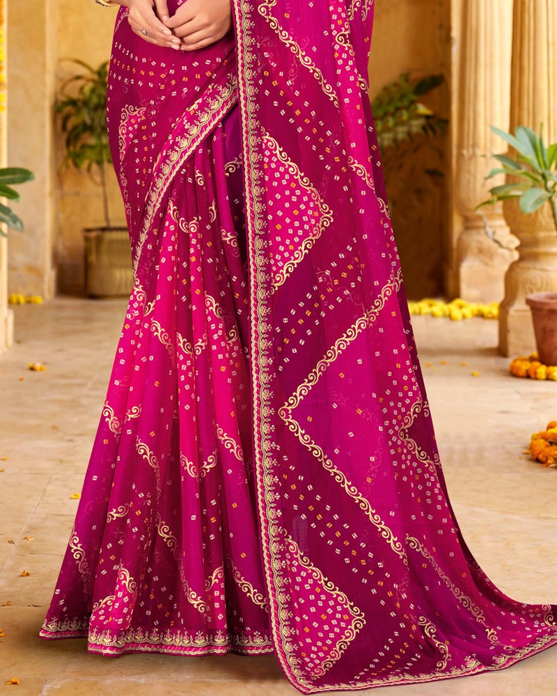 Vishal Prints Deep Rani Printed Chiffon Traditional Saree With Foil Print And Fancy Embroidery Border
