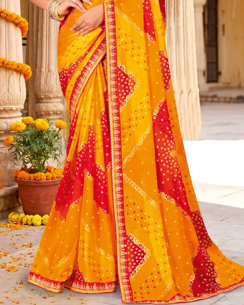 Vishal Prints Bright Yellow Printed Chiffon Traditional Saree With Foil Print And Fancy Embroidery Border