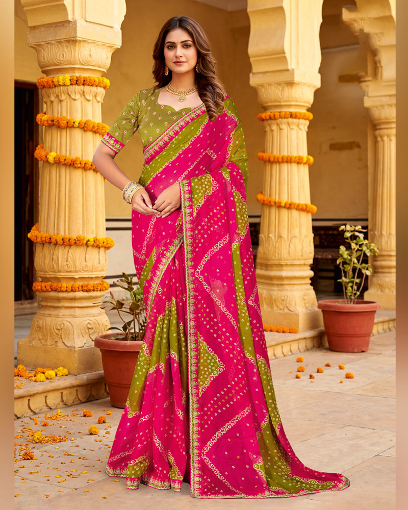 Vishal Prints Magenta Olive Printed Chiffon Traditional Saree With Foil Print And Fancy Embroidery Border
