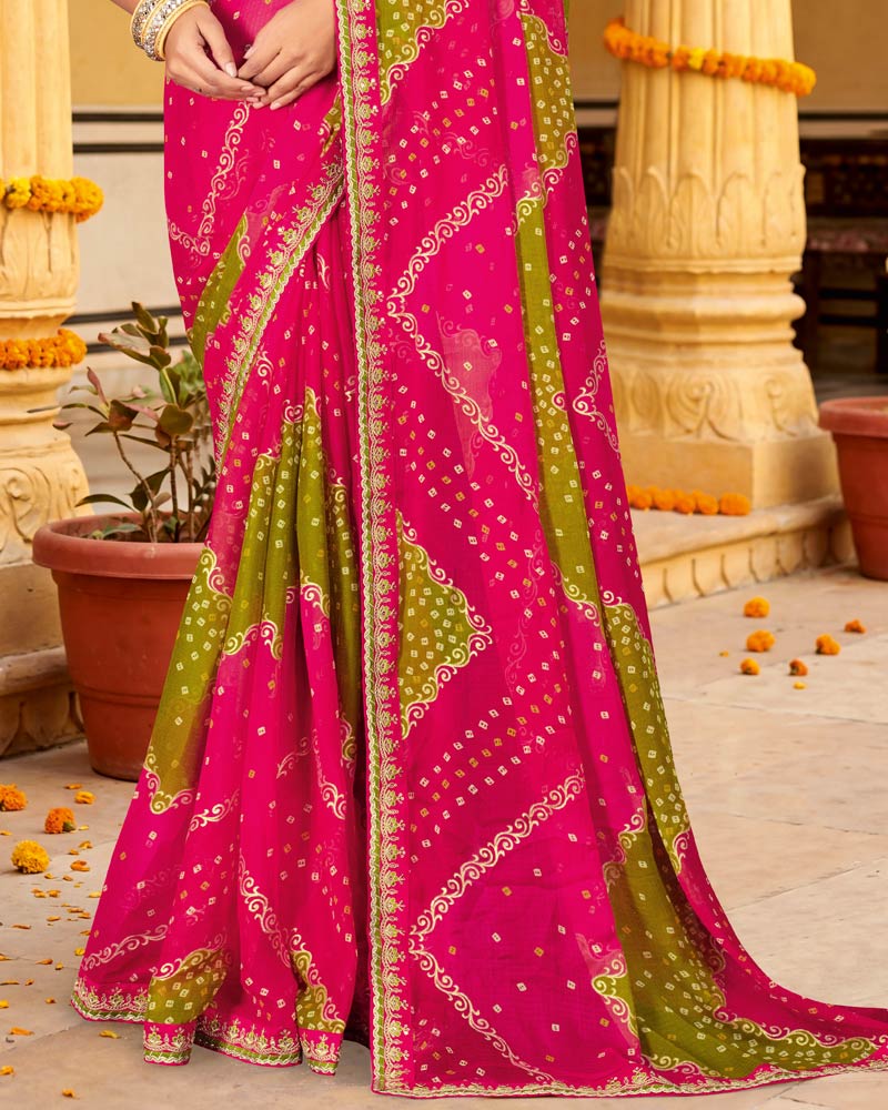 Vishal Prints Magenta Olive Printed Chiffon Traditional Saree With Foil Print And Fancy Embroidery Border