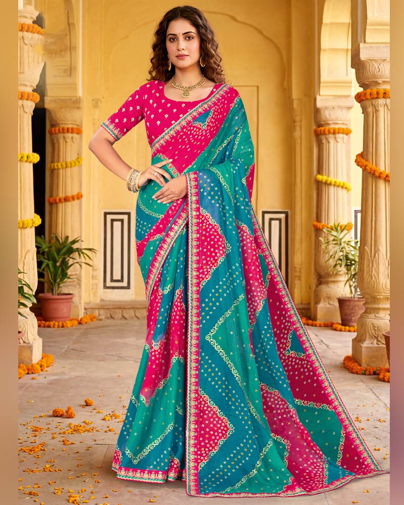 Vishal Prints Deep Sky Blue Printed Chiffon Traditional Saree With Foil Print And Fancy Embroidery Border