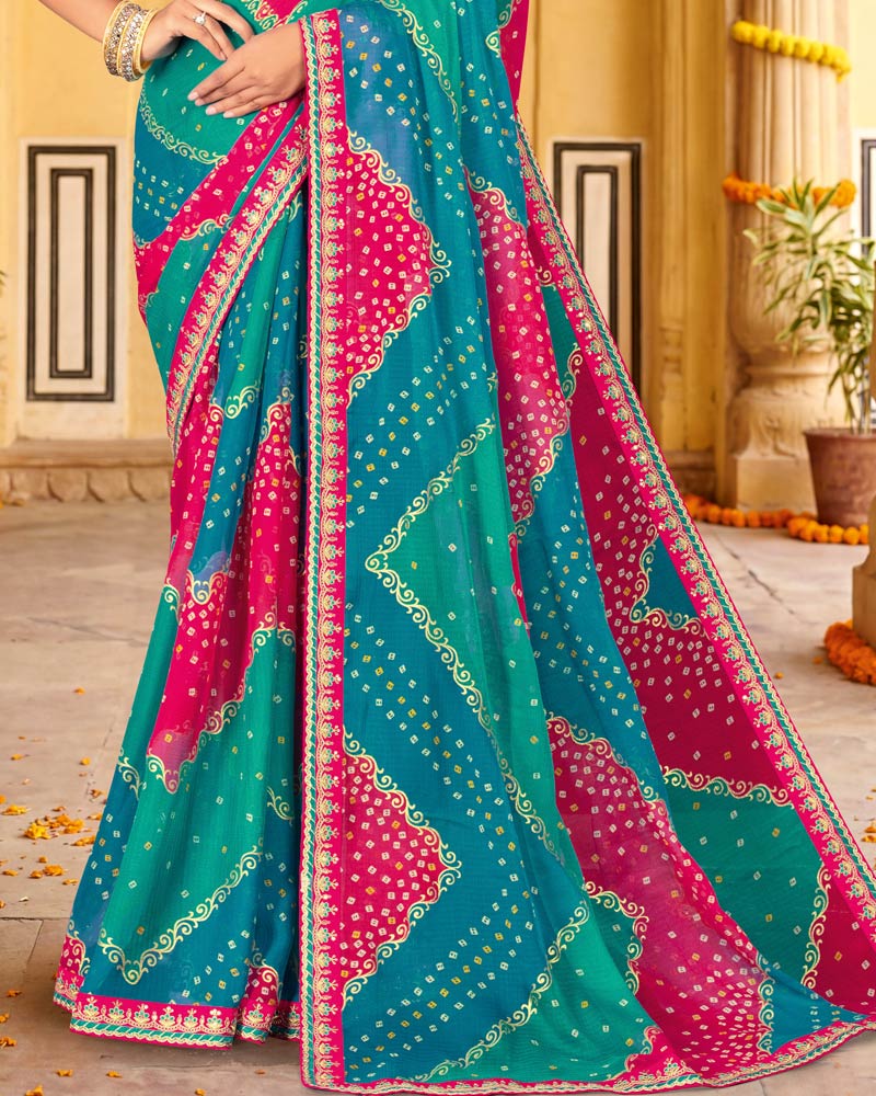 Vishal Prints Deep Sky Blue Printed Chiffon Traditional Saree With Foil Print And Fancy Embroidery Border