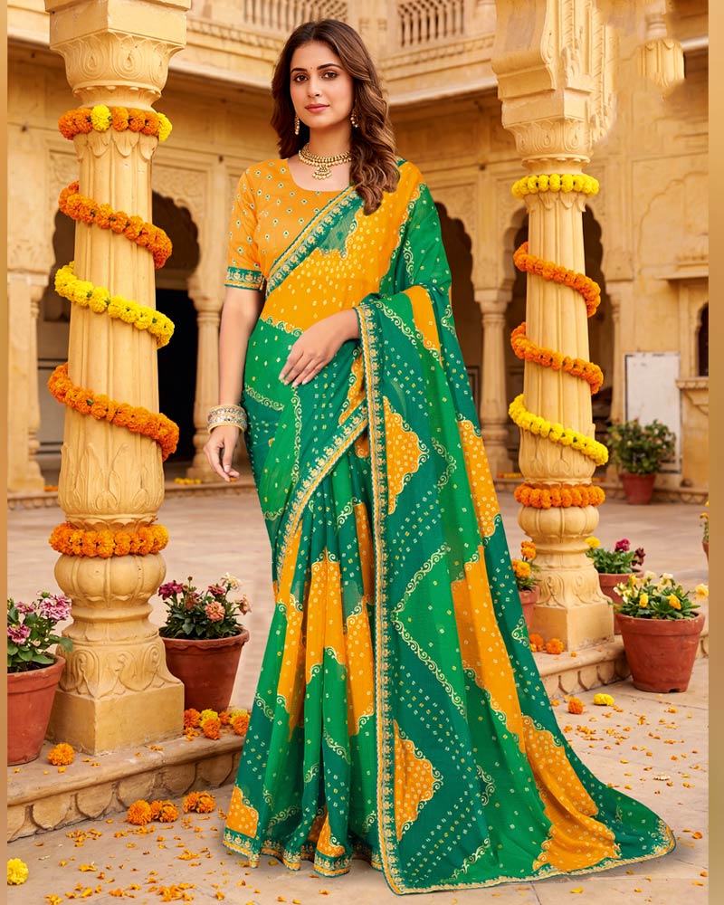 Vishal Prints Sea Green Mustard Printed Chiffon Traditional Saree With Foil Print And Fancy Embroidery Border