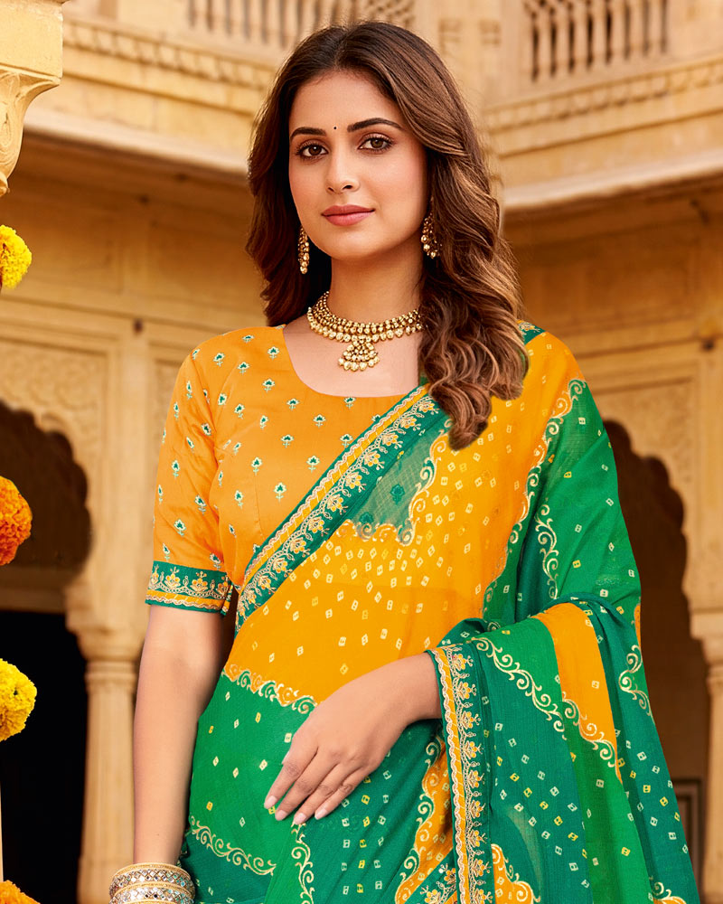 Vishal Prints Sea Green Mustard Printed Chiffon Traditional Saree With Foil Print And Fancy Embroidery Border
