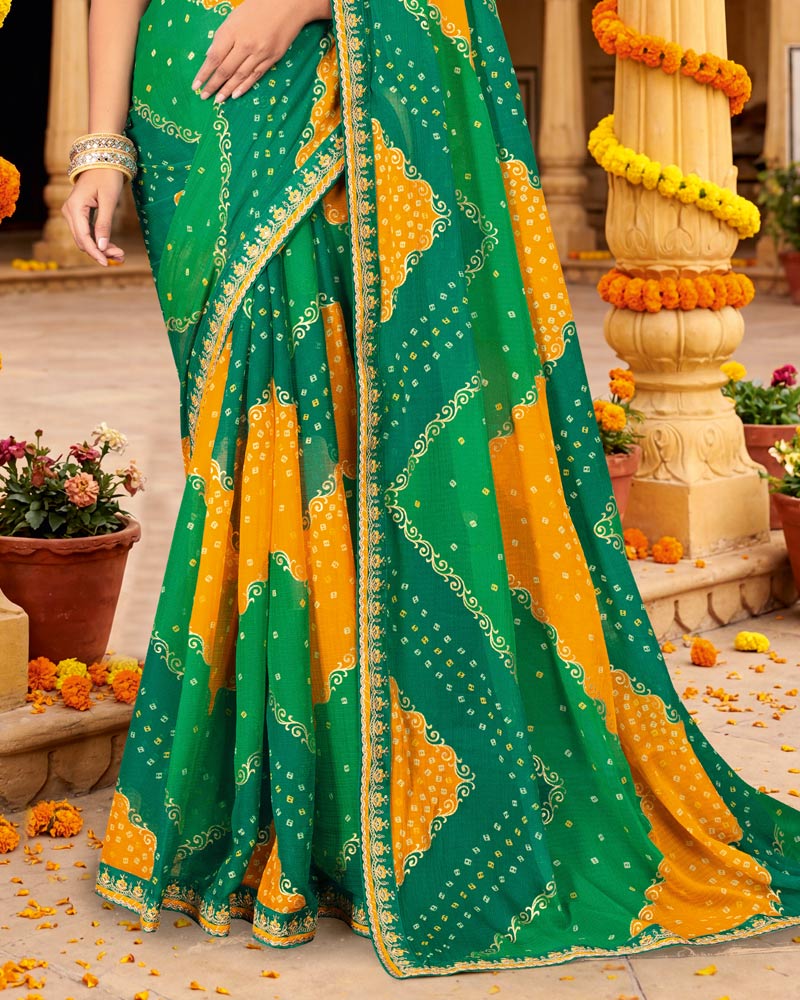 Vishal Prints Sea Green Mustard Printed Chiffon Traditional Saree With Foil Print And Fancy Embroidery Border