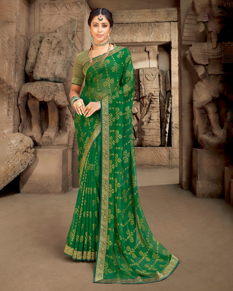 Vishal Prints Green Brasso Saree With Zari Border