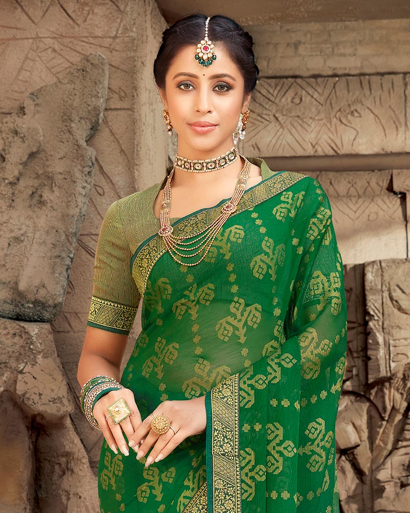 Vishal Prints Green Brasso Saree With Zari Border