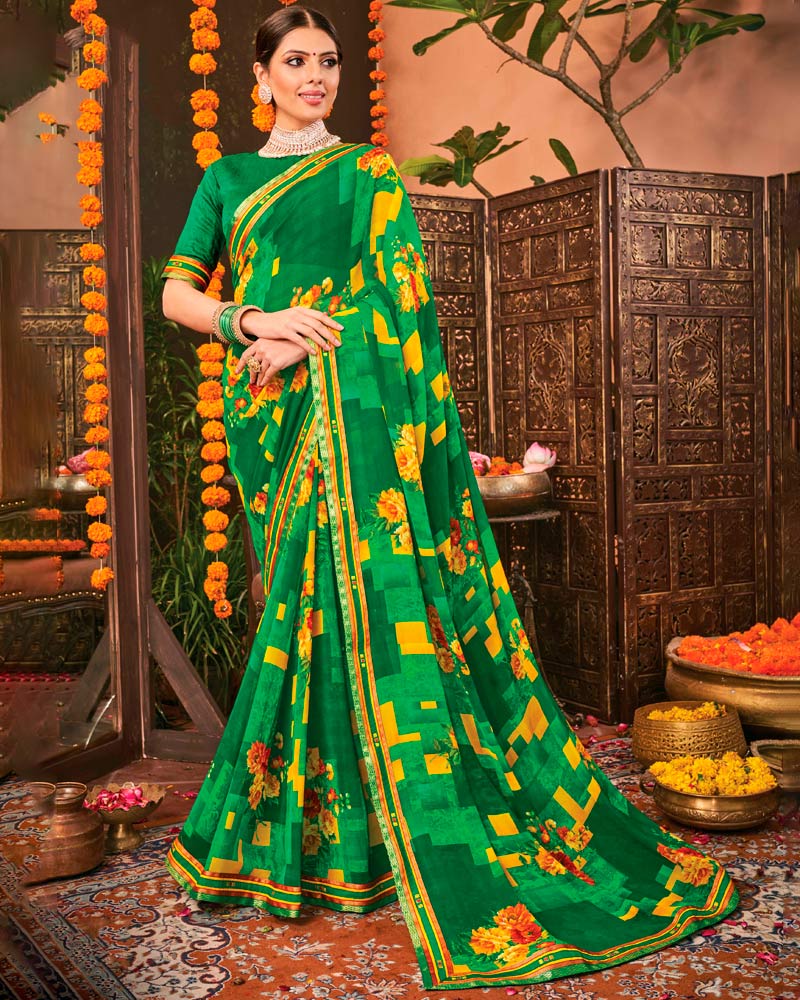 Vishal Prints Green Printed Georgette Saree With Border