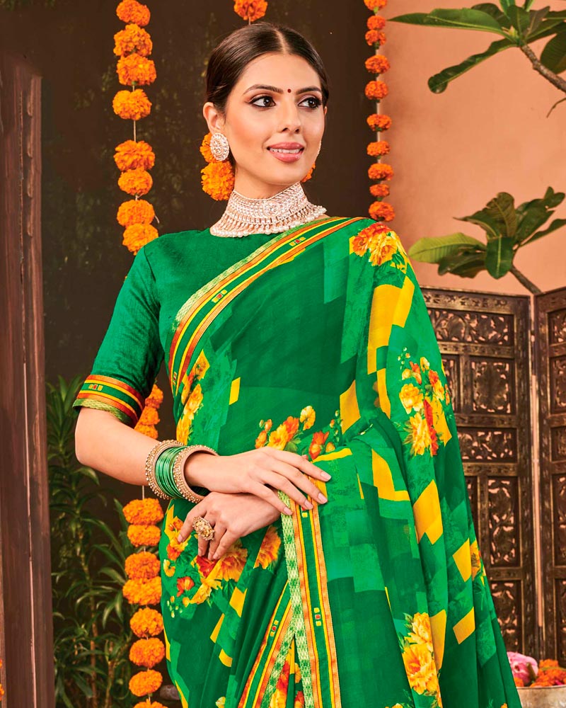 Vishal Prints Green Printed Georgette Saree With Border