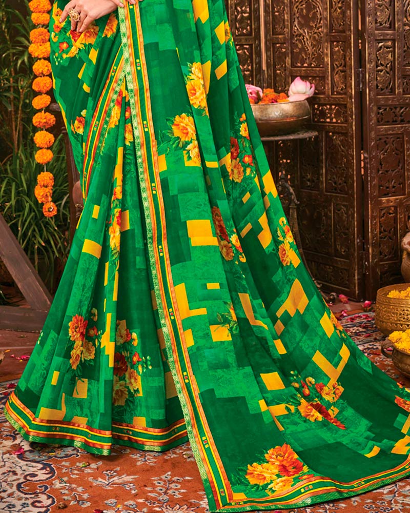 Vishal Prints Green Printed Georgette Saree With Border
