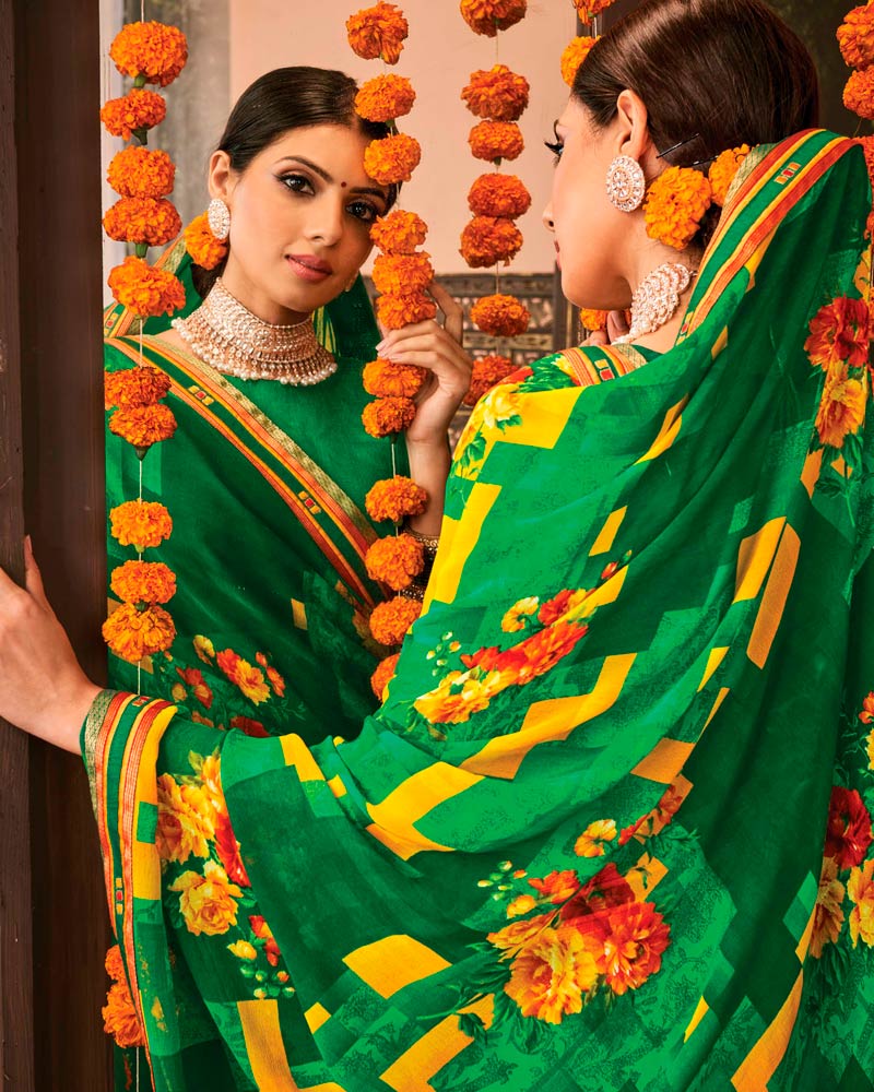 Vishal Prints Green Printed Georgette Saree With Border
