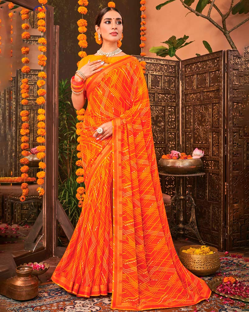 Vishal Prints Dark Orange Printed Georgette Saree With Border