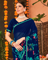 Vishal Prints Dark Blue Printed Georgette Saree With Border