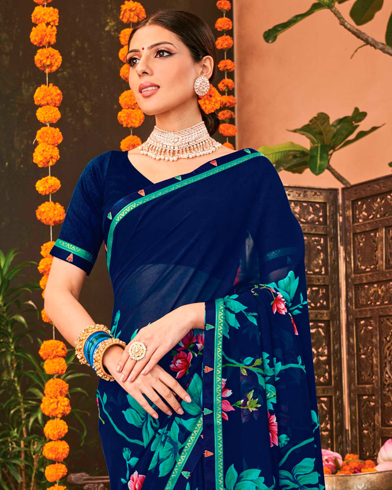 Vishal Prints Dark Blue Printed Georgette Saree With Border