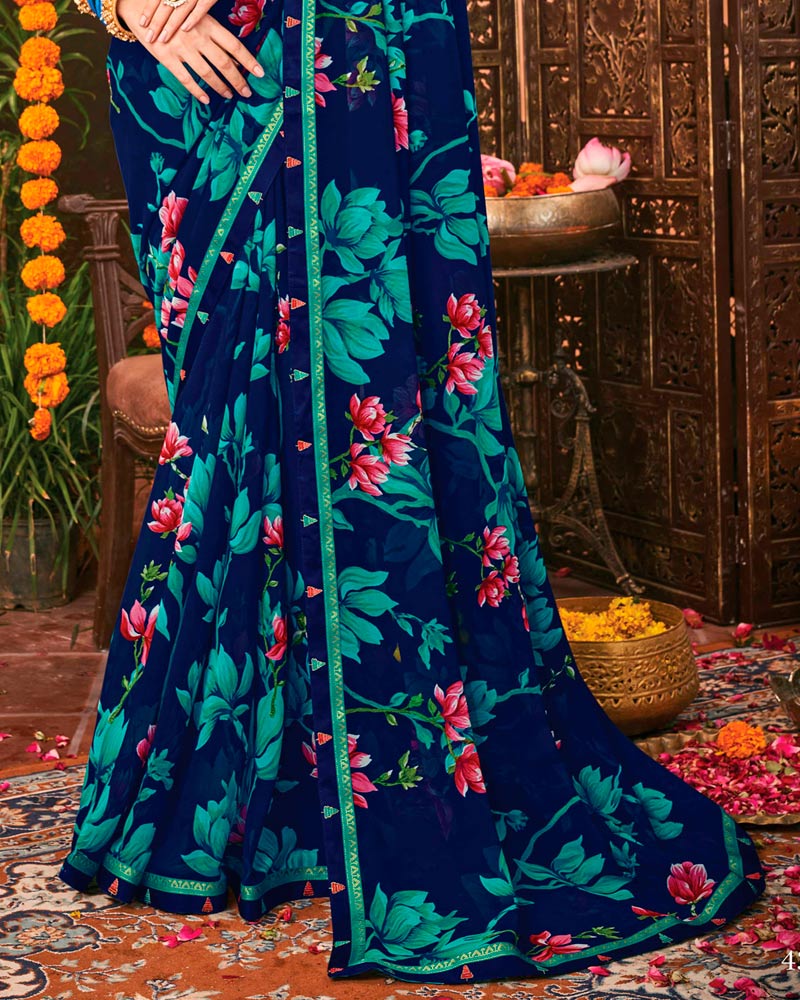 Vishal Prints Dark Blue Printed Georgette Saree With Border