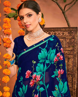 Vishal Prints Dark Blue Printed Georgette Saree With Border