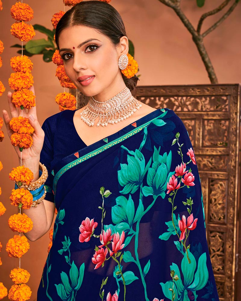 Vishal Prints Dark Blue Printed Georgette Saree With Border