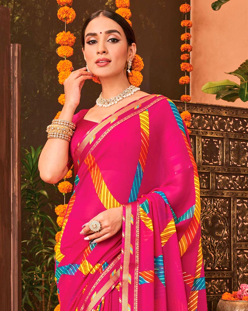 Vishal Prints Hot Pink Printed Georgette Saree With Border