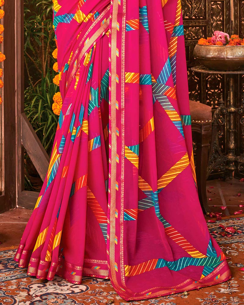 Vishal Prints Hot Pink Printed Georgette Saree With Border