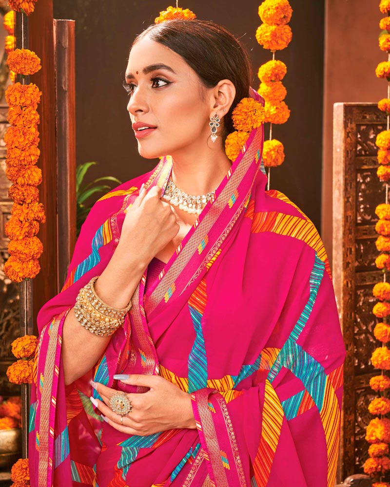 Vishal Prints Hot Pink Printed Georgette Saree With Border