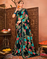 Vishal Prints Dark Green Printed Georgette Saree With Border