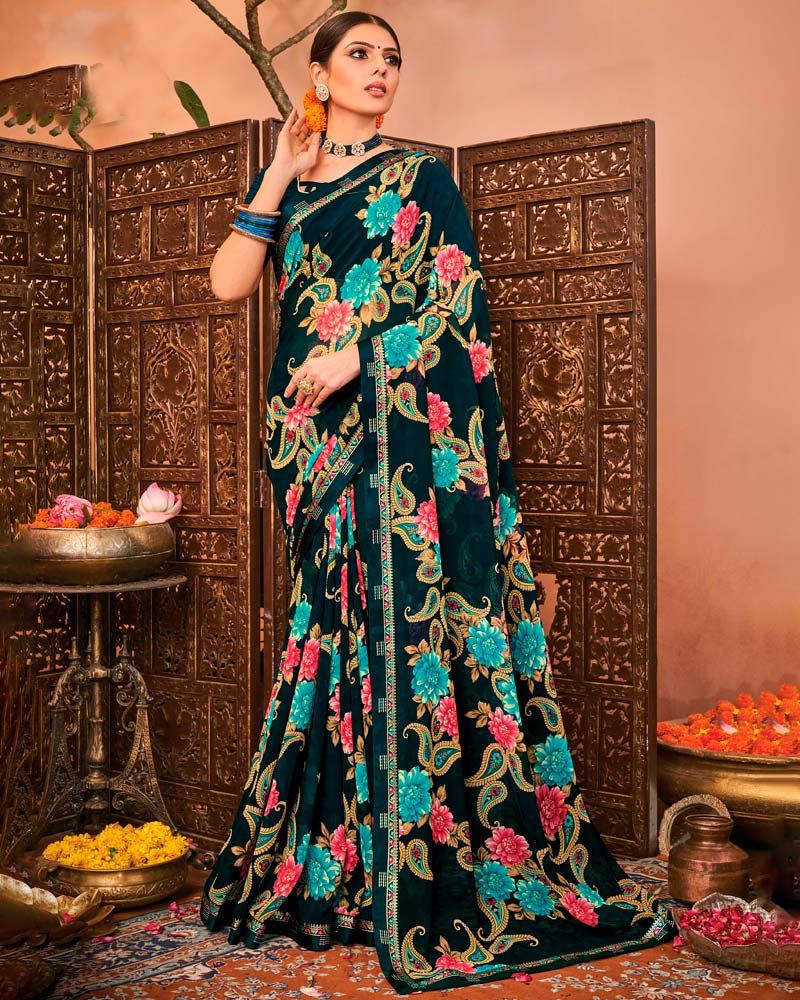 Vishal Prints Dark Green Printed Georgette Saree With Border