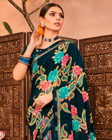 Vishal Prints Dark Green Printed Georgette Saree With Border