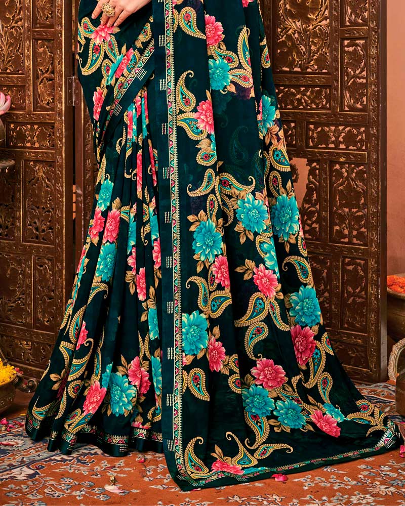 Vishal Prints Dark Green Printed Georgette Saree With Border