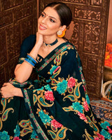 Vishal Prints Dark Green Printed Georgette Saree With Border