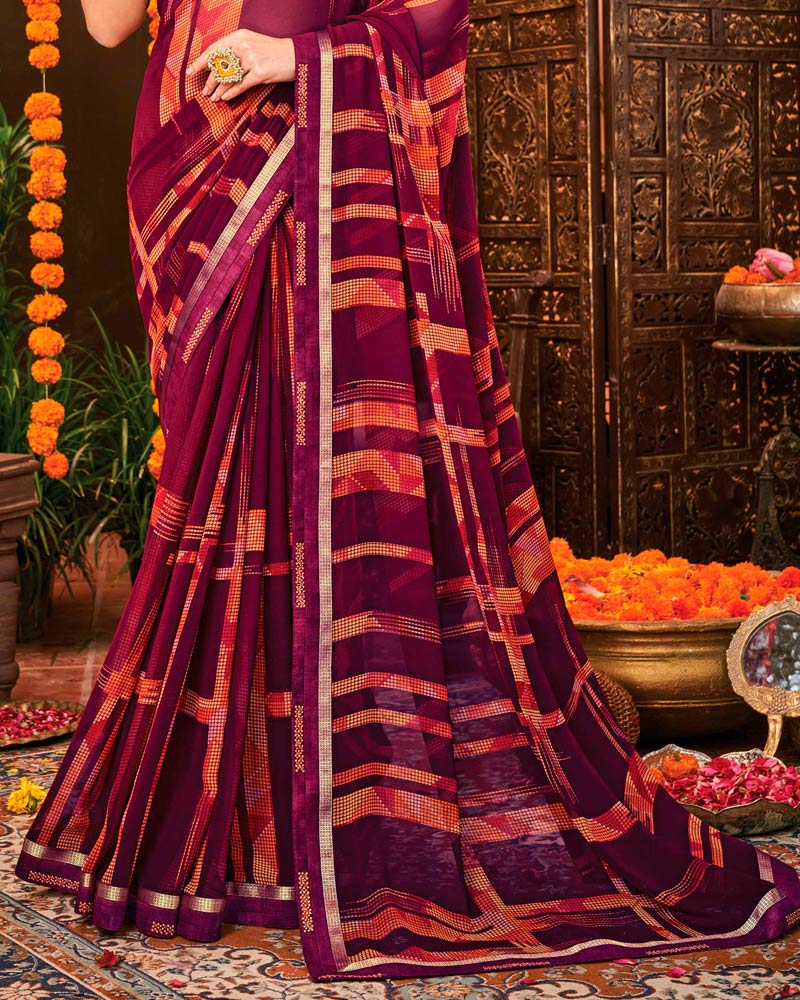 Vishal Prints Wine Berry Printed Georgette Saree With Border