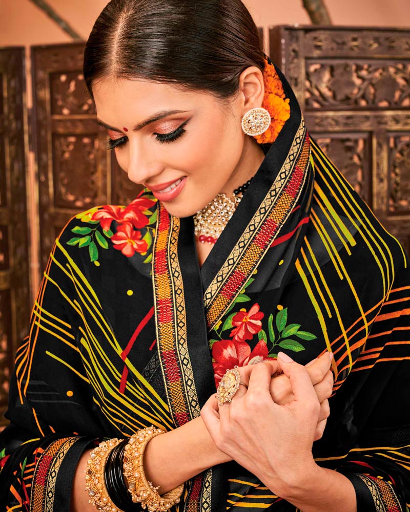 Vishal Prints Black Printed Georgette Saree With Border