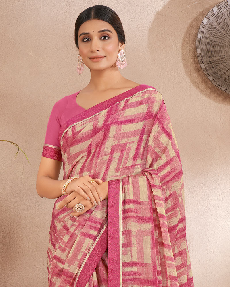 Vishal Prints Cherry Pink Printed Fancy Chiffon Saree With Border