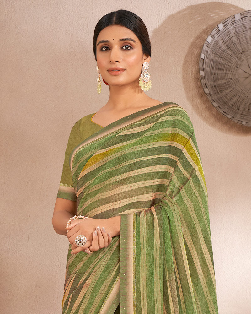 Vishal Prints Dark Olive Green Printed Fancy Chiffon Saree With Border