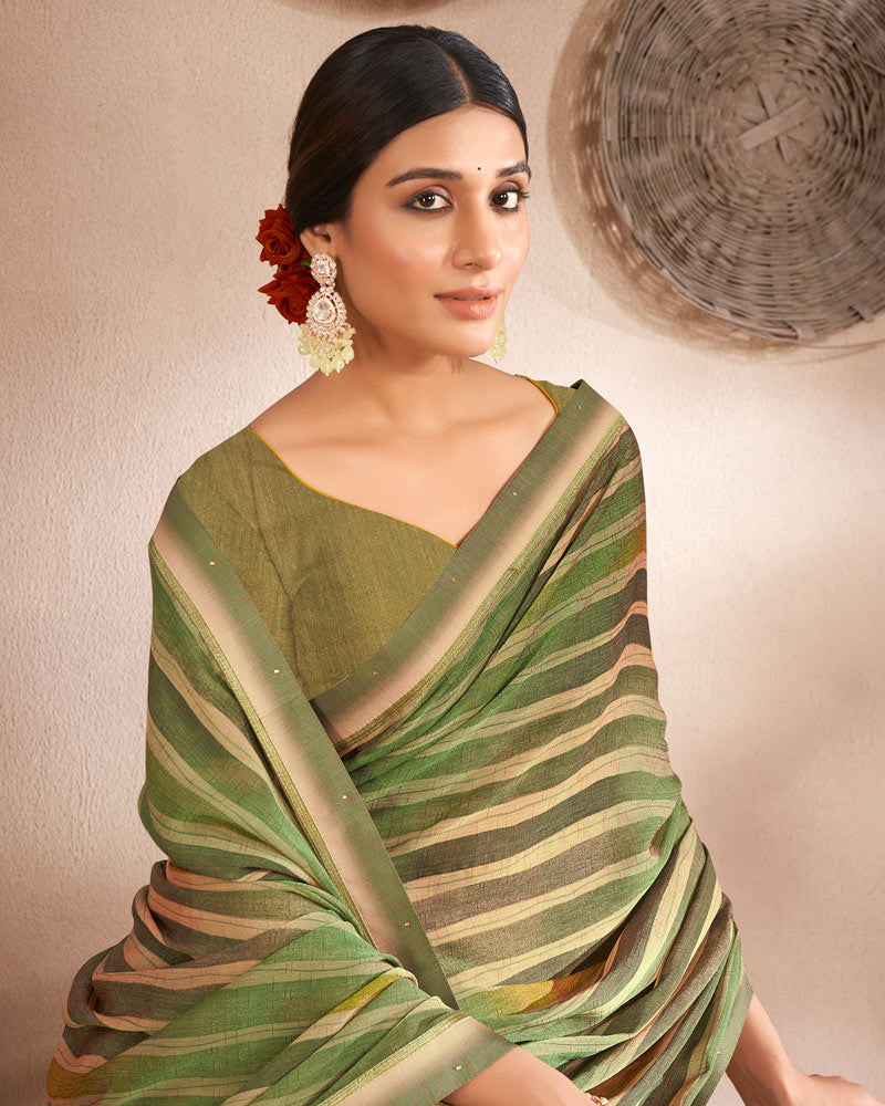 Vishal Prints Dark Olive Green Printed Fancy Chiffon Saree With Border