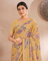 Vishal Prints Pastel Yellow Printed Fancy Chiffon Saree With Border