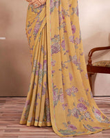 Vishal Prints Pastel Yellow Printed Fancy Chiffon Saree With Border