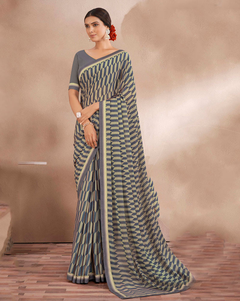 Vishal Prints Slate Grey Printed Fancy Chiffon Saree With Border