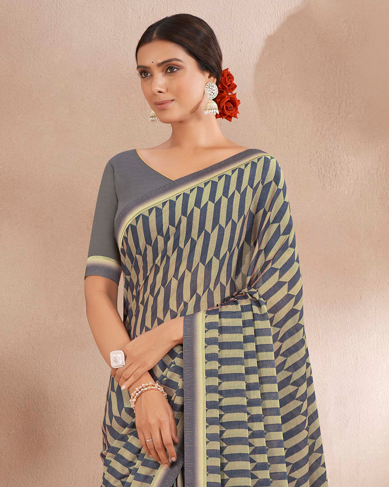 Vishal Prints Slate Grey Printed Fancy Chiffon Saree With Border