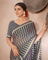Vishal Prints Slate Grey Printed Fancy Chiffon Saree With Border